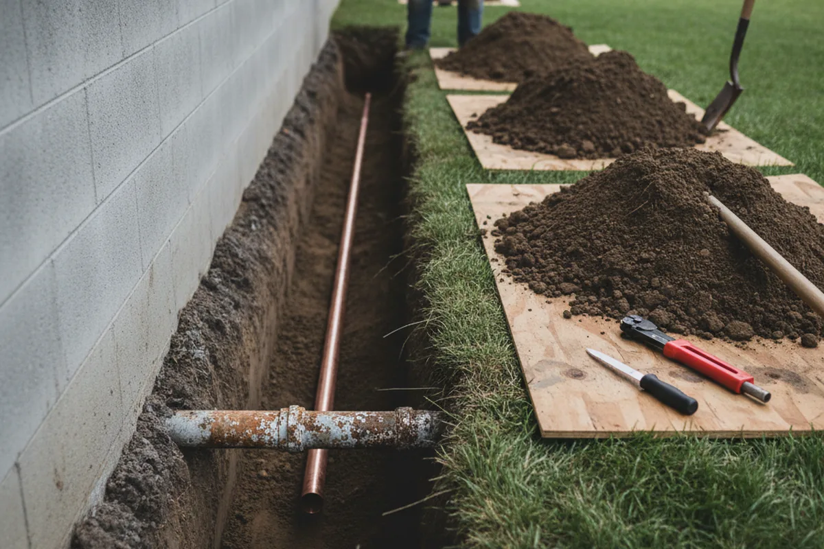Excavated water line trench during Water Heater Repair in Bryans Road